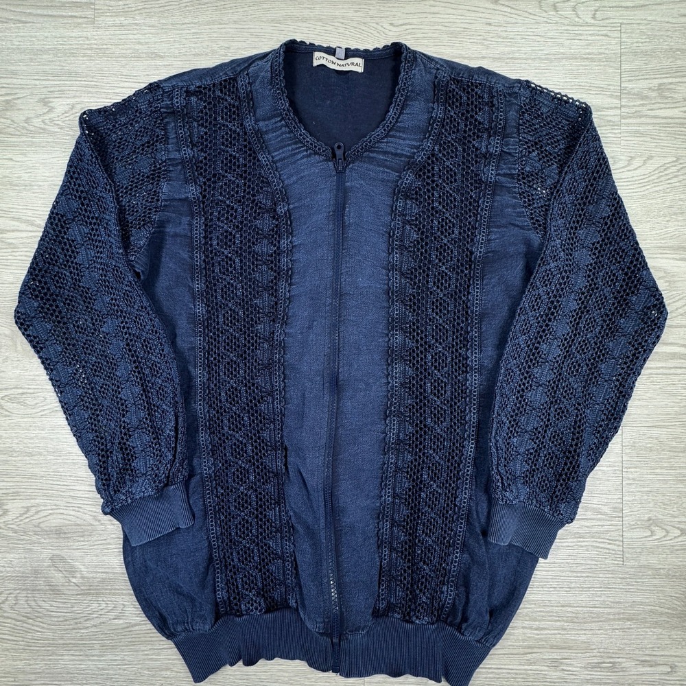 Cotton Natural Womens Cardigan Sweater Navy Blue Medium Crochet Lace Zip Up Lace